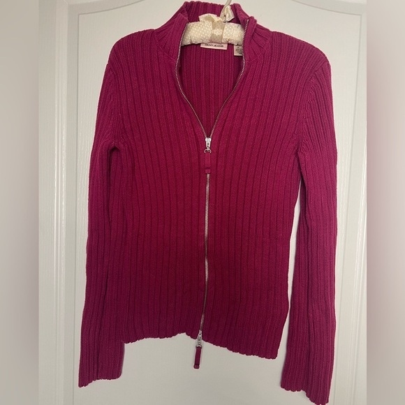 DKNY Jeans Magenta Double Zip ribbed cardigan sweater, size large - Picture 1 of 7